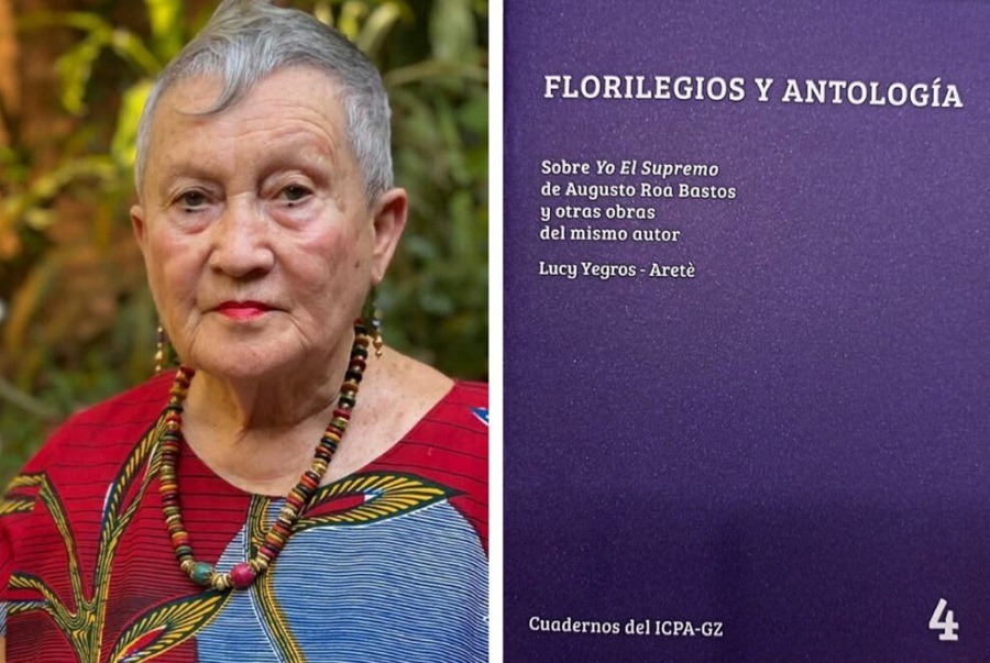 Lucy Yegros y la tapa de "Florilegios y Antología". Cortesía