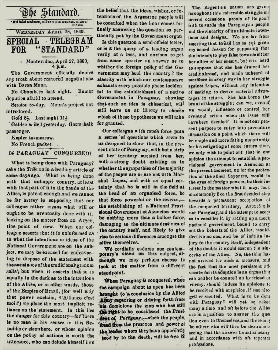 The Standard, edición del 28 de abril de 1869. Cortesía