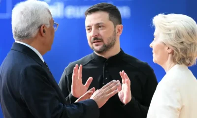 António Costa, Volodimir Zelenski y Ursula von der Leyen, en Bruselas. Foto: DW