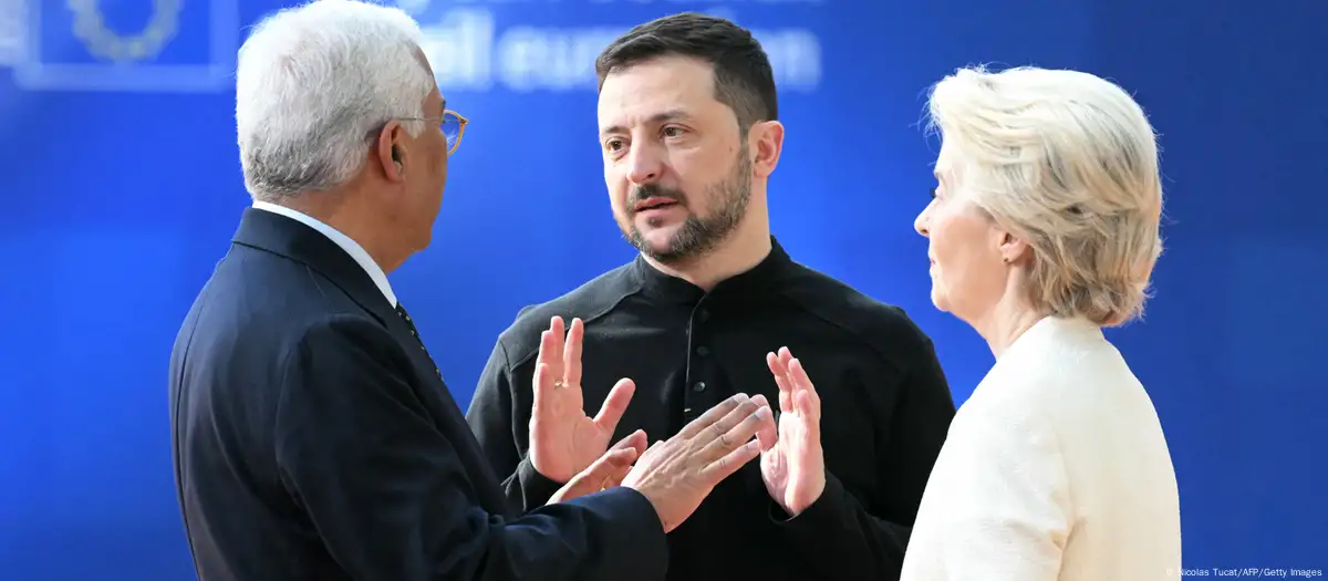 António Costa, Volodimir Zelenski y Ursula von der Leyen, en Bruselas. Foto: DW