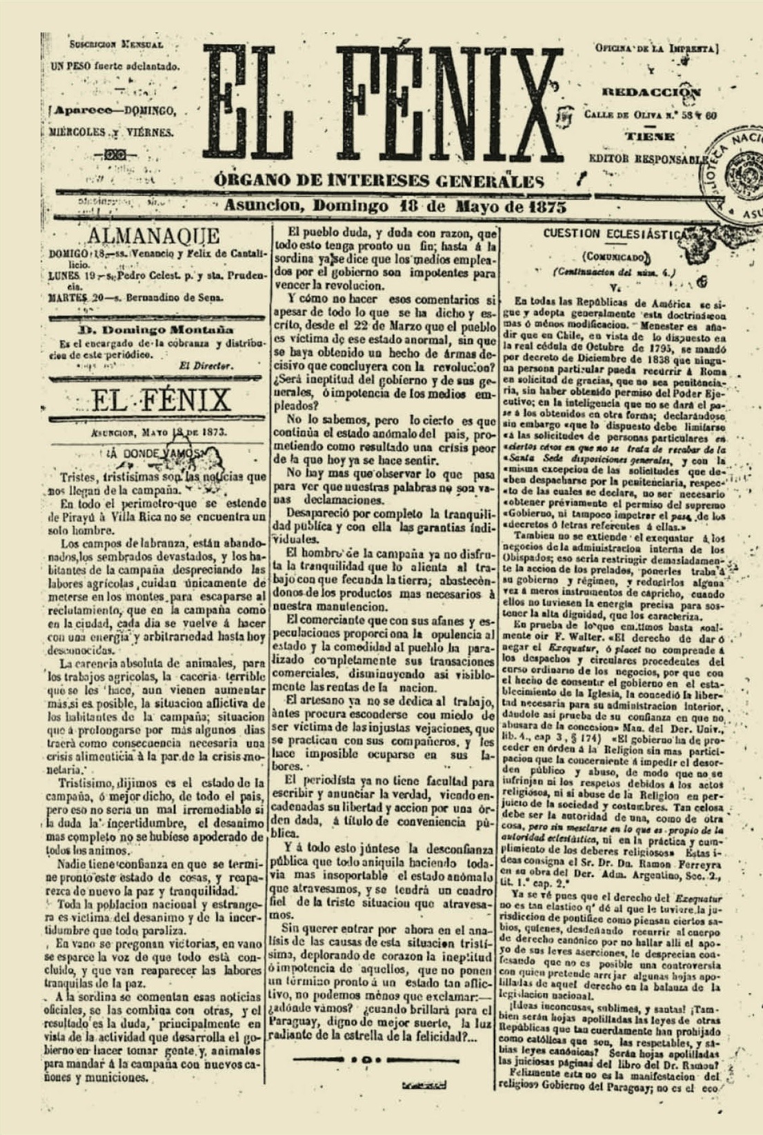 El Fénix. Edición del 18 de mayo 1875