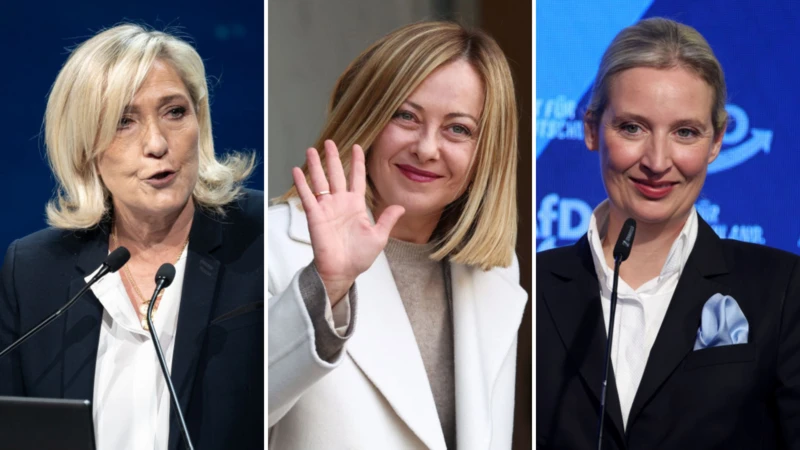 Marine Le Pen, Giorgia Meloni y Alice Weidel. Foto: BBC/Getty Images.